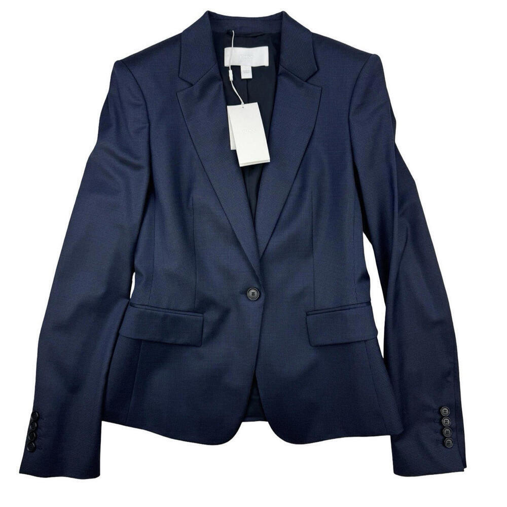 Hugo Boss Wool Jaxtina1 Slim Fit Blazer Jacket Houndstooth Navy Blue Size US 2